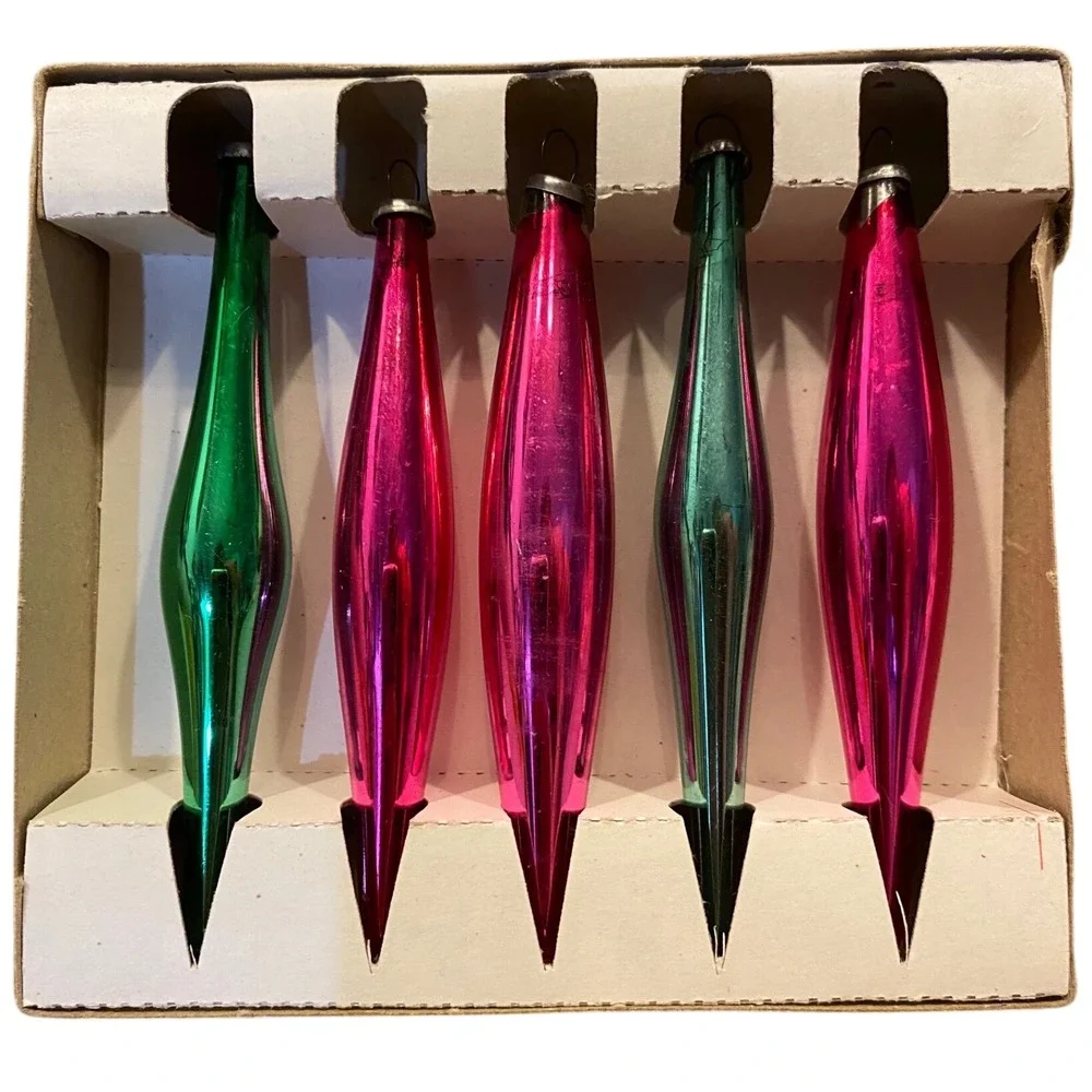 Vintage Franke Tear Drops Glass Tree Ornaments Pink Teal Set of 5 Japan 4040